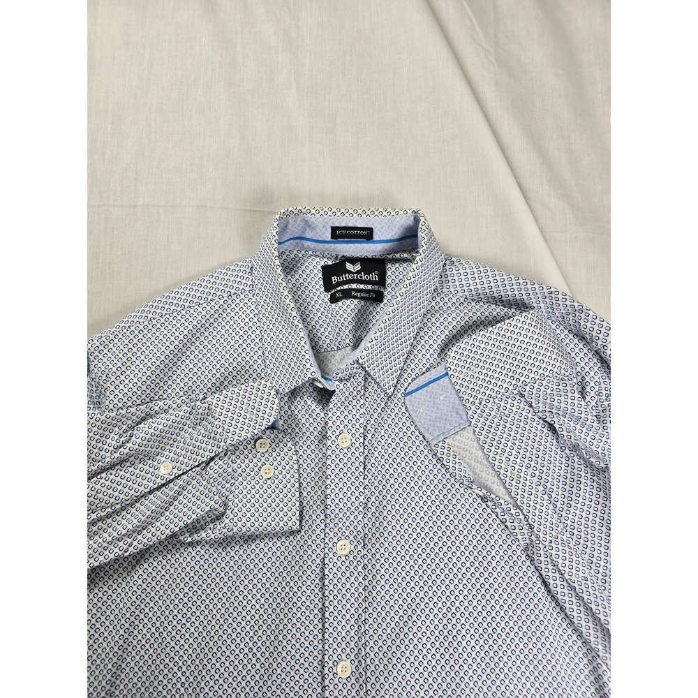Buttercloth Shirt Mens XL Blue Geometric Long Sleeve Button Front Stretch Casual